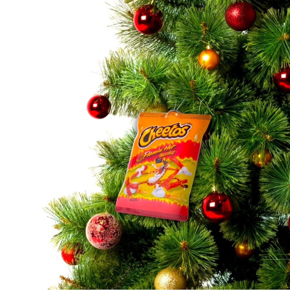 NWT Crunchy Cheetos Decoupage Christmas Foodie Ornaments by RUZ , set of (2)